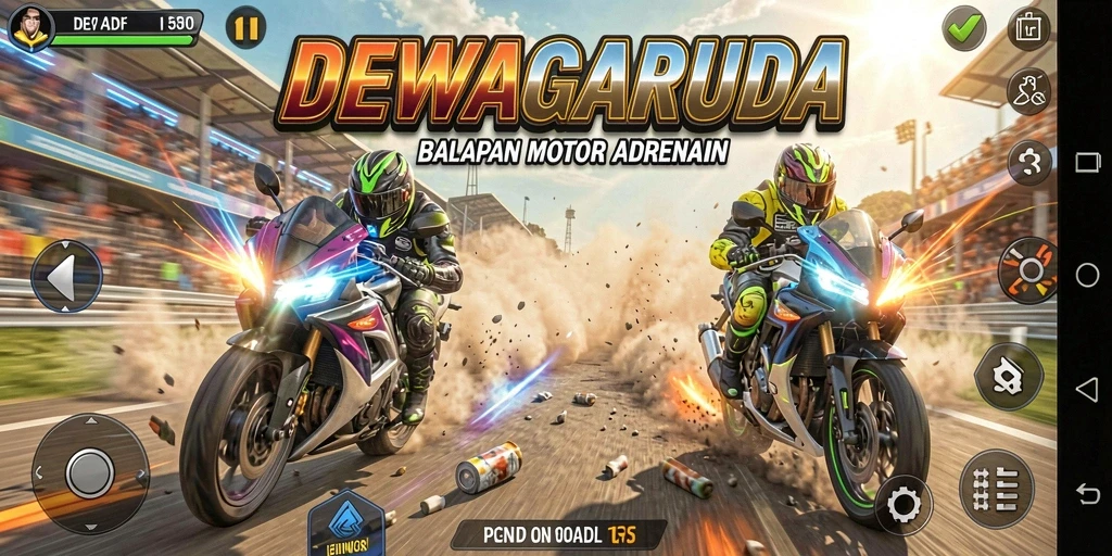 Gameplay seru DEWAGARUDA dengan balapan motor yang mendebarkan.
