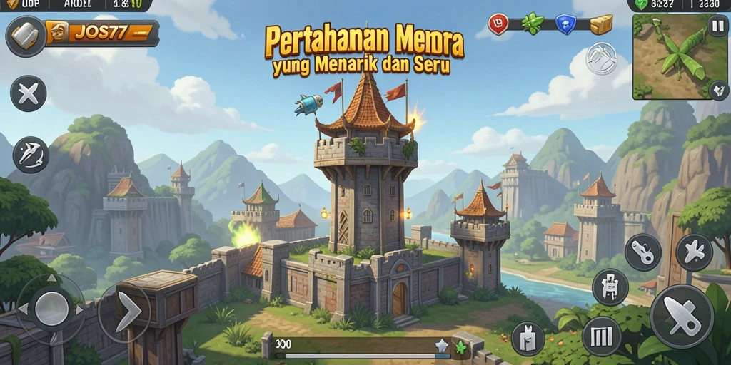 Tampilan menarik dari gameplay JOS77 yang menampilkan pertahanan menara.