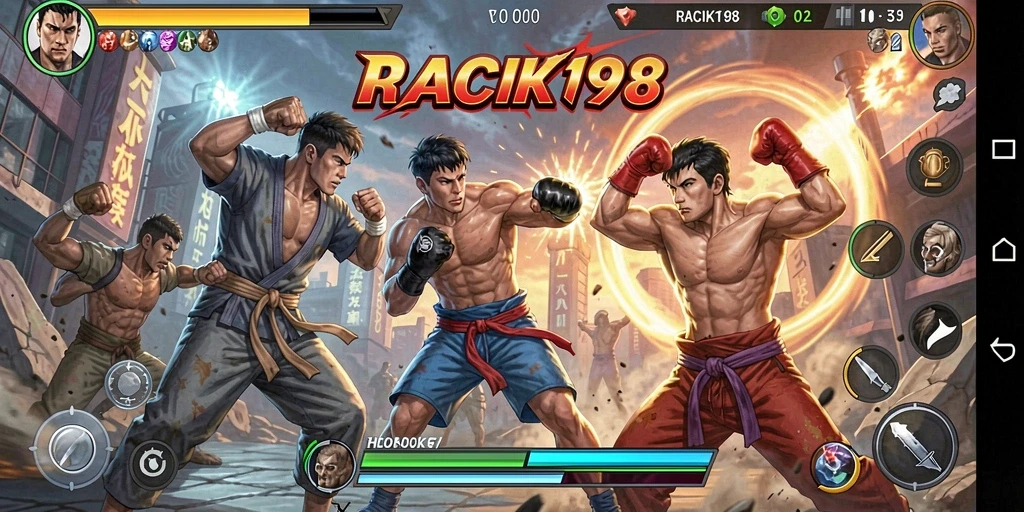 Screenshot menunjukkan aksi intens pertarungan dalam RACIK198.